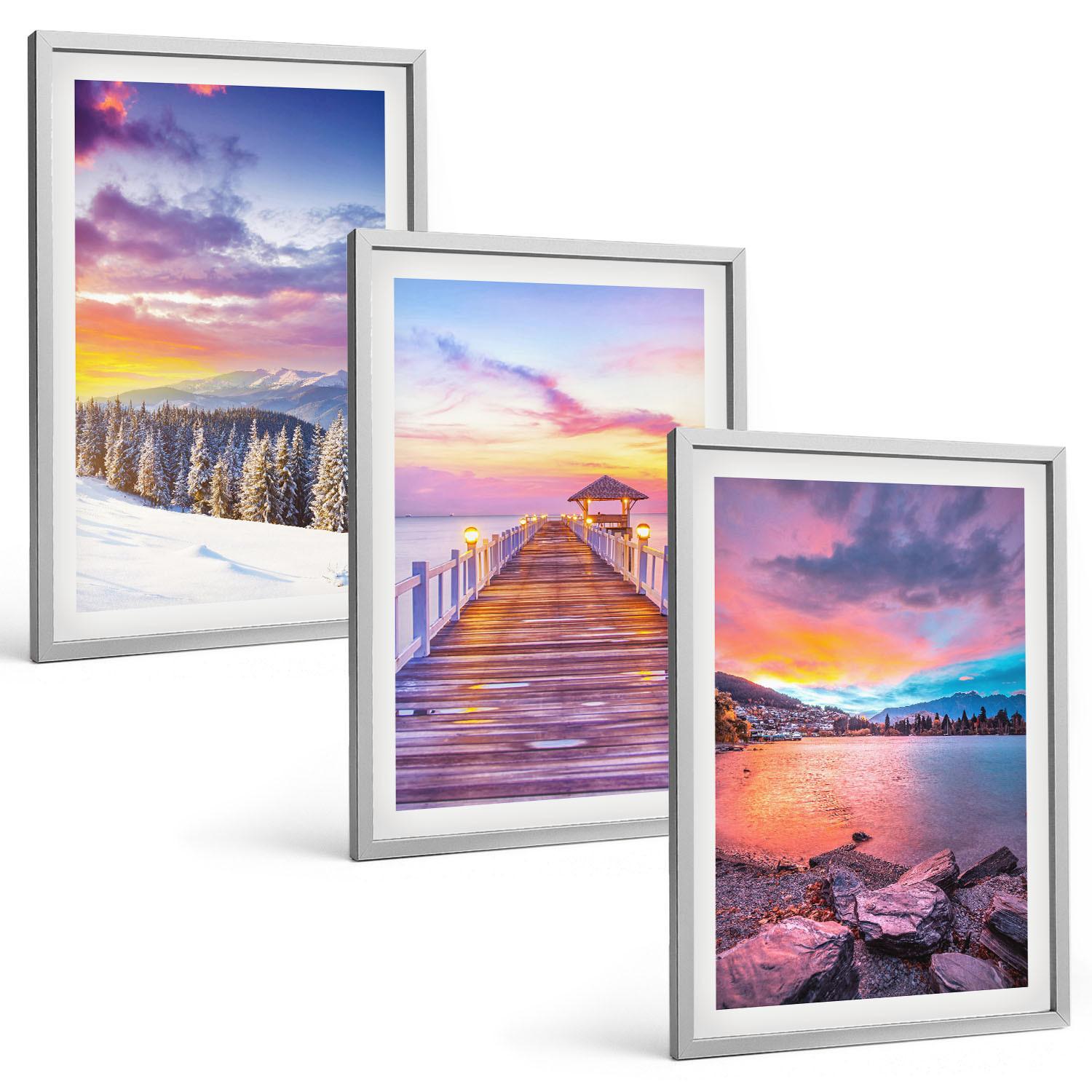 BILDER SET 3er Set - 40x60 cm Silberner Rahmen - Winterliche Bergseelandschaft - Silberfarben, Kunststoff (40/60cm) - TULUP