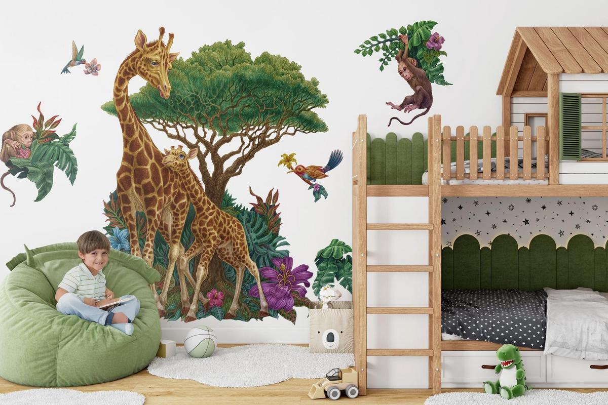 WANDAUFKLEBER 130x194cm - Wildtiere Vegetation - Multicolor, Kunststoff (130/194/0.1cm) - Wallfluent