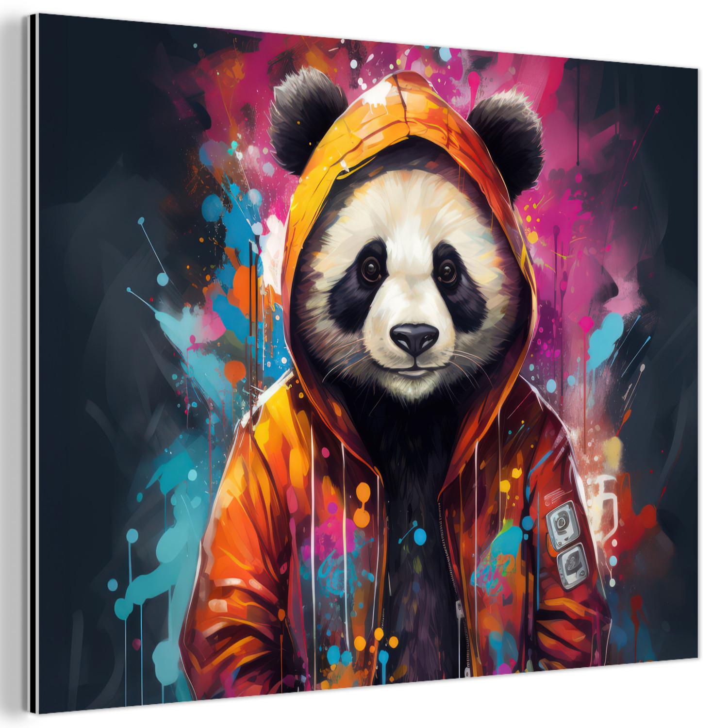 METALLBILD Panda - Jacke - Graffiti - Orange 80x60 cm - Orange, Metall (80/60cm) - MuchoWow