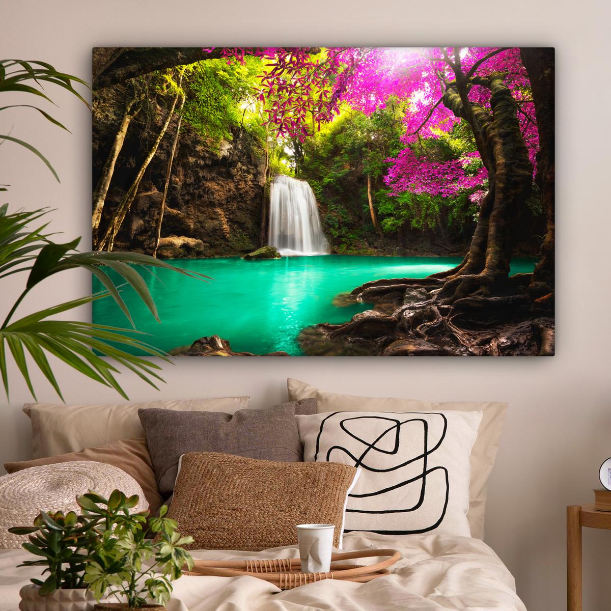 LEINWANDBILD Wasserfall mit bunten Blumen und Bäumen - Natur - Dschungel Groß 140x90 cm - Waldgrün, Textil (140/90cm) - MuchoWow