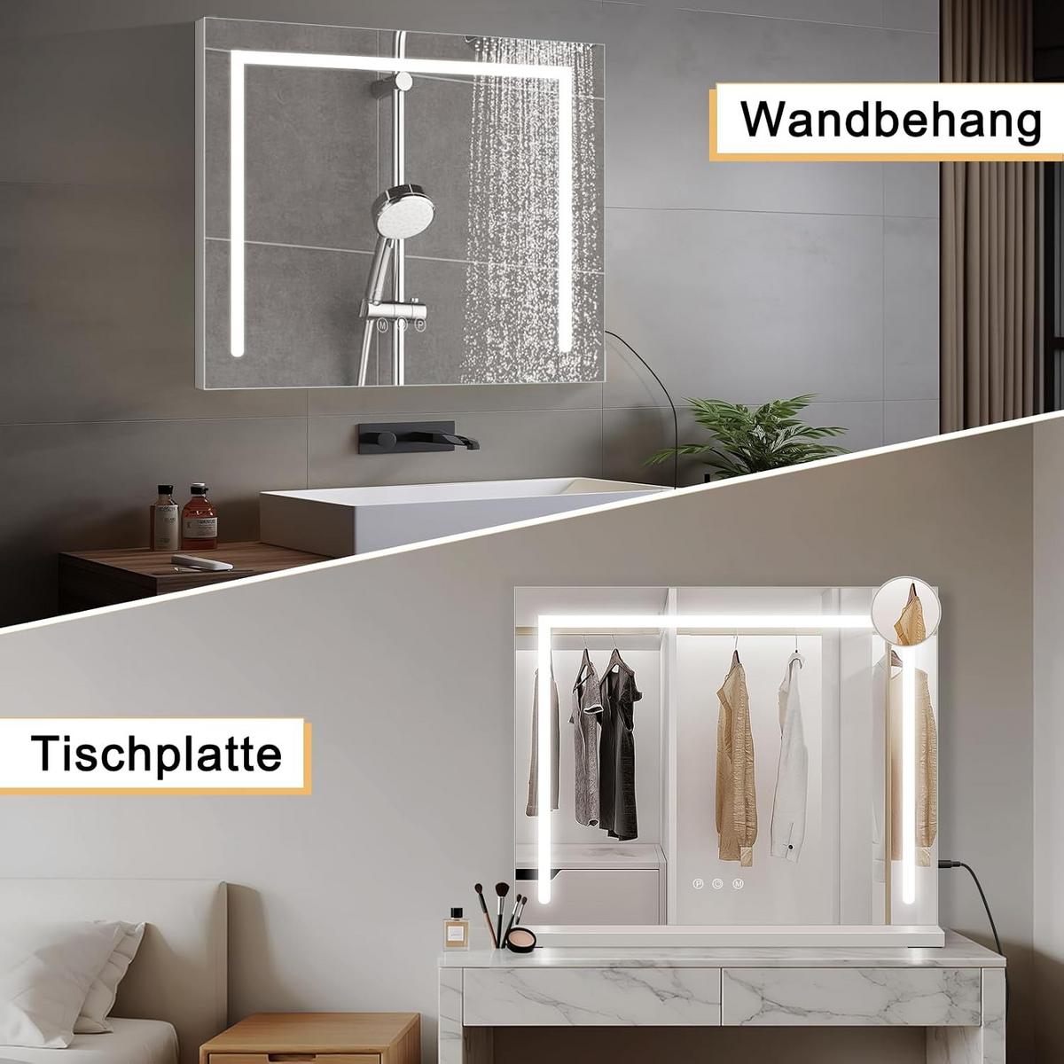 SCHMINKSPIEGEL Wyndeth 80/12/60 cm - Weiß, Glas/Metall (12/60/80cm) - ZMH