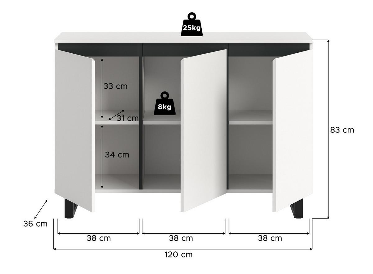 SIDEBOARD weiß, schwarz, 3-türige Kommode 120 x 84 cm mit Soft-Close - Schwarz/Weiß, Holzwerkstoff/Metall (120/84/36cm) - Inn.Furn