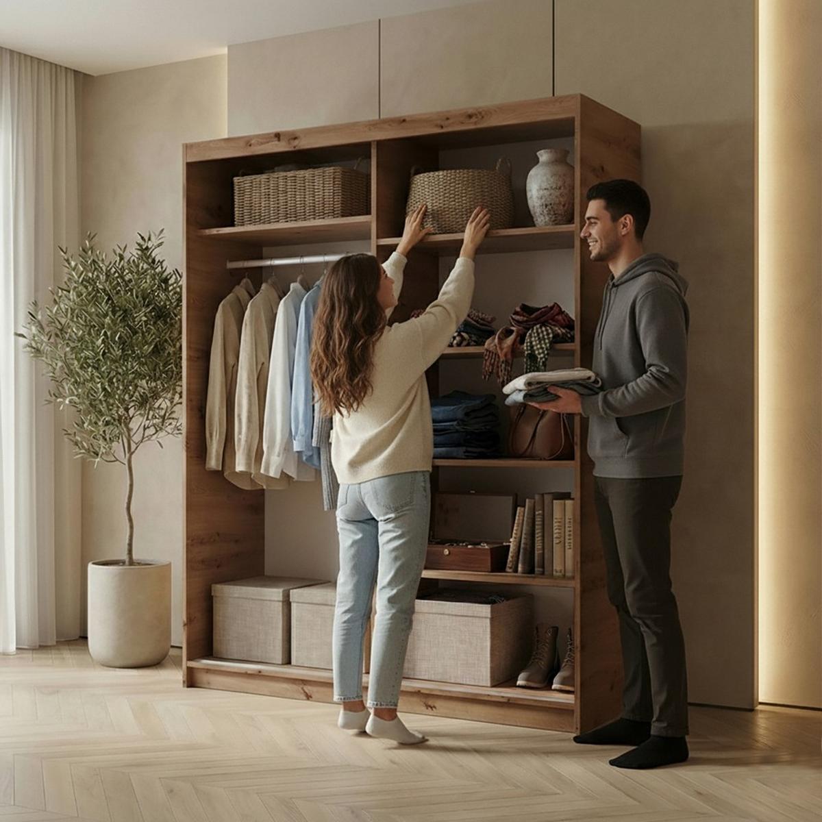 SCHWEBETÜRENSCHRANK Hela mit 2 Türen. 160 cm, eiche Artisan+Schwarz - Schwarz/Eiche Artisan, Holzwerkstoff (160/205/60cm) - Beautysofa