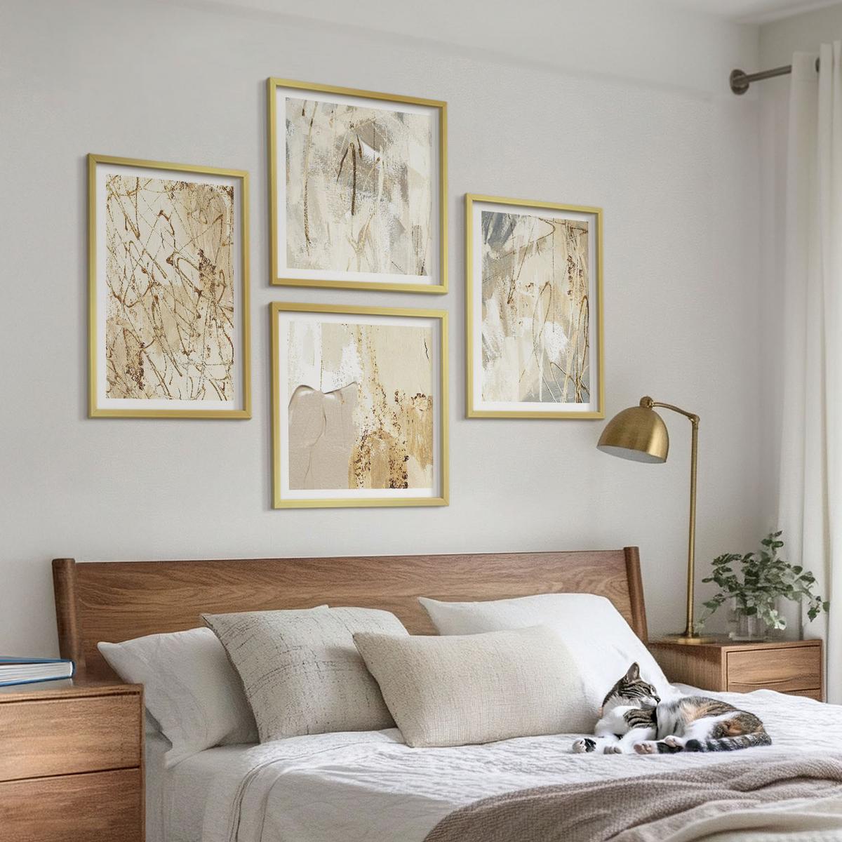 BILDER SET 4er Set - 50x50 cm & 40x60 cm Goldrahmen - Beige abstrakte Formen Linien - Goldfarben, Kunststoff (50/50cm) - TULUP