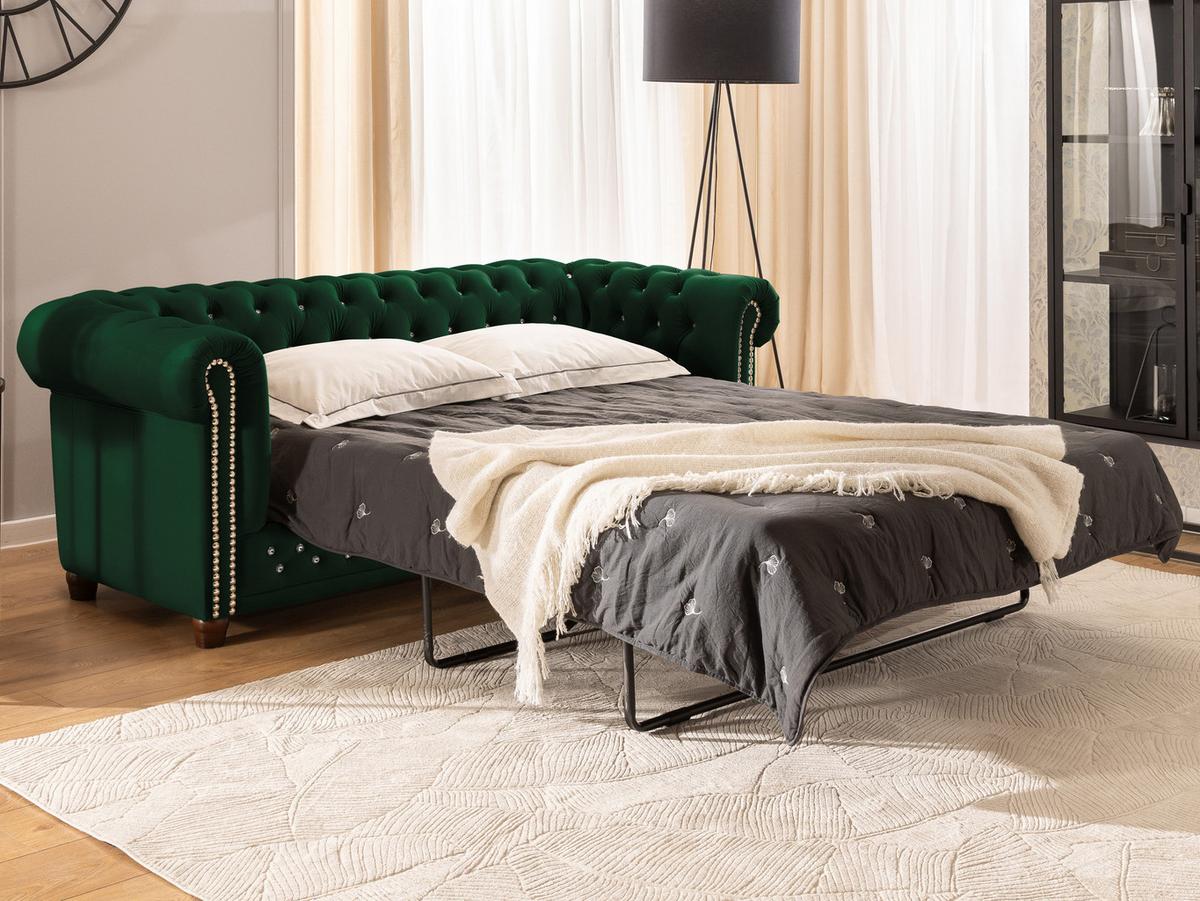 CHESTERFIELD-SOFA 3-Sitzer mit Schlaffunktion Cleo Blink Flasche Grün Samt mit Kristallsteppung und braunen Massivholzfüßen - Braun/Grün, Holz/Textil (203/72/86cm) - S-Style