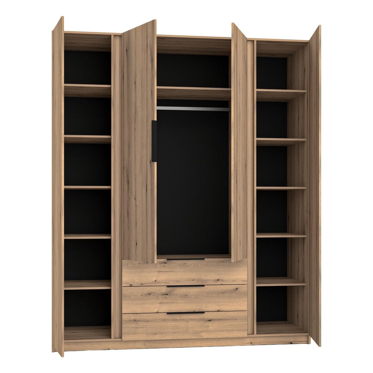 KLEIDERSCHRANK Nehir Eiche Evoke/Schwarz 200 cm - 4T3S Modern mit Schubladen und 2 Spiegeln außen - Eichefarben/Schwarz, Holzwerkstoff/Kunststoff (200/239/61.9cm) - AX Living
