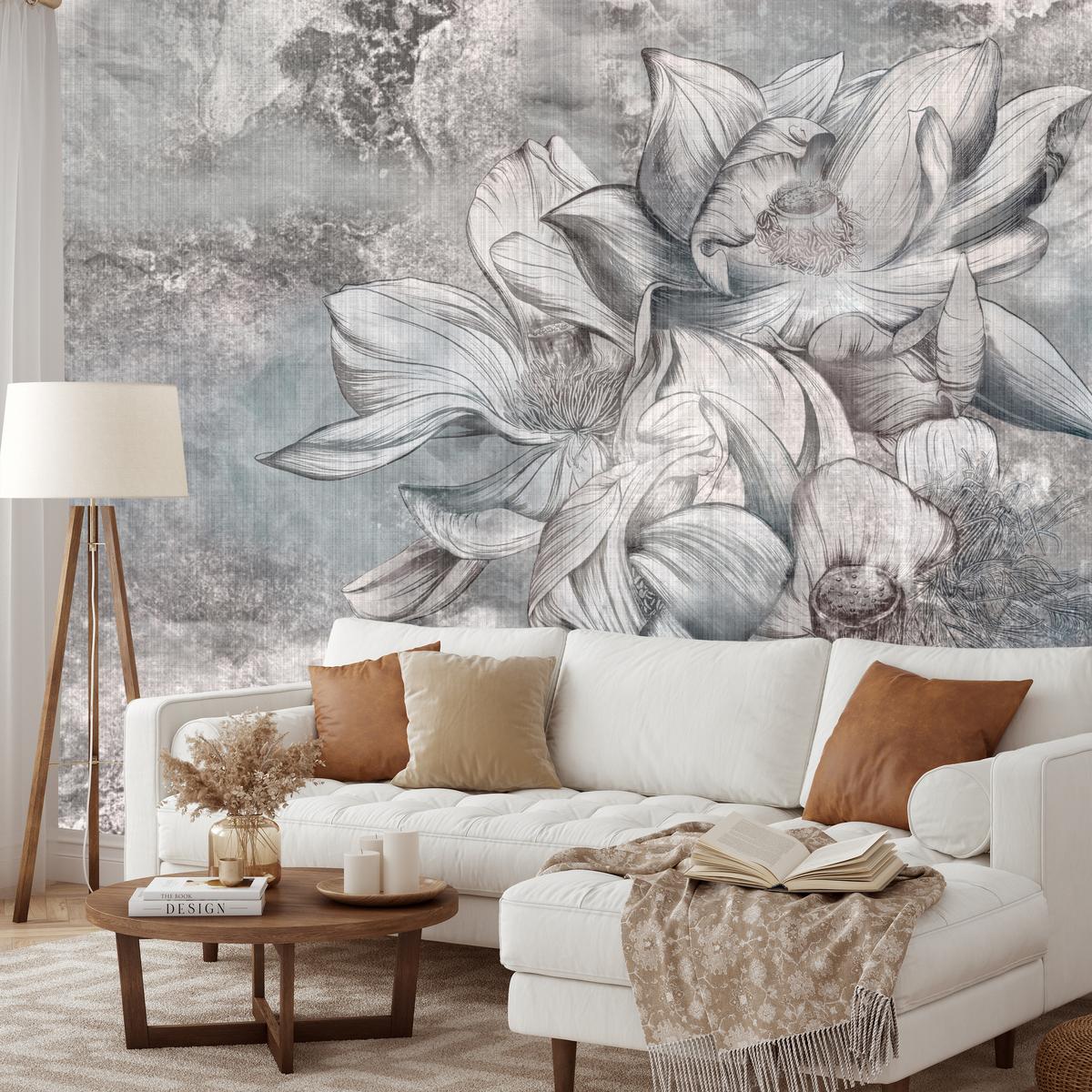 FOTOTAPETE für Wohnzimmer Wunderschöne Blume Betonwand Retro 200x140 - Grau, Papier (200/140cm) - Muralo