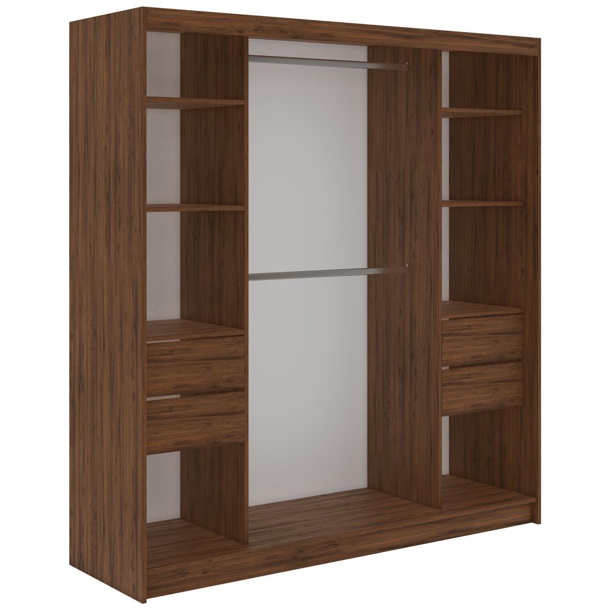 SCHWEBETÜRENSCHRANK mit Schubladen 200 - VERONA - Warmia Walnuss mit Spiegel - Walnussfarben/Alufarben, Holzwerkstoff/Metall (200/216/61cm) - MKS