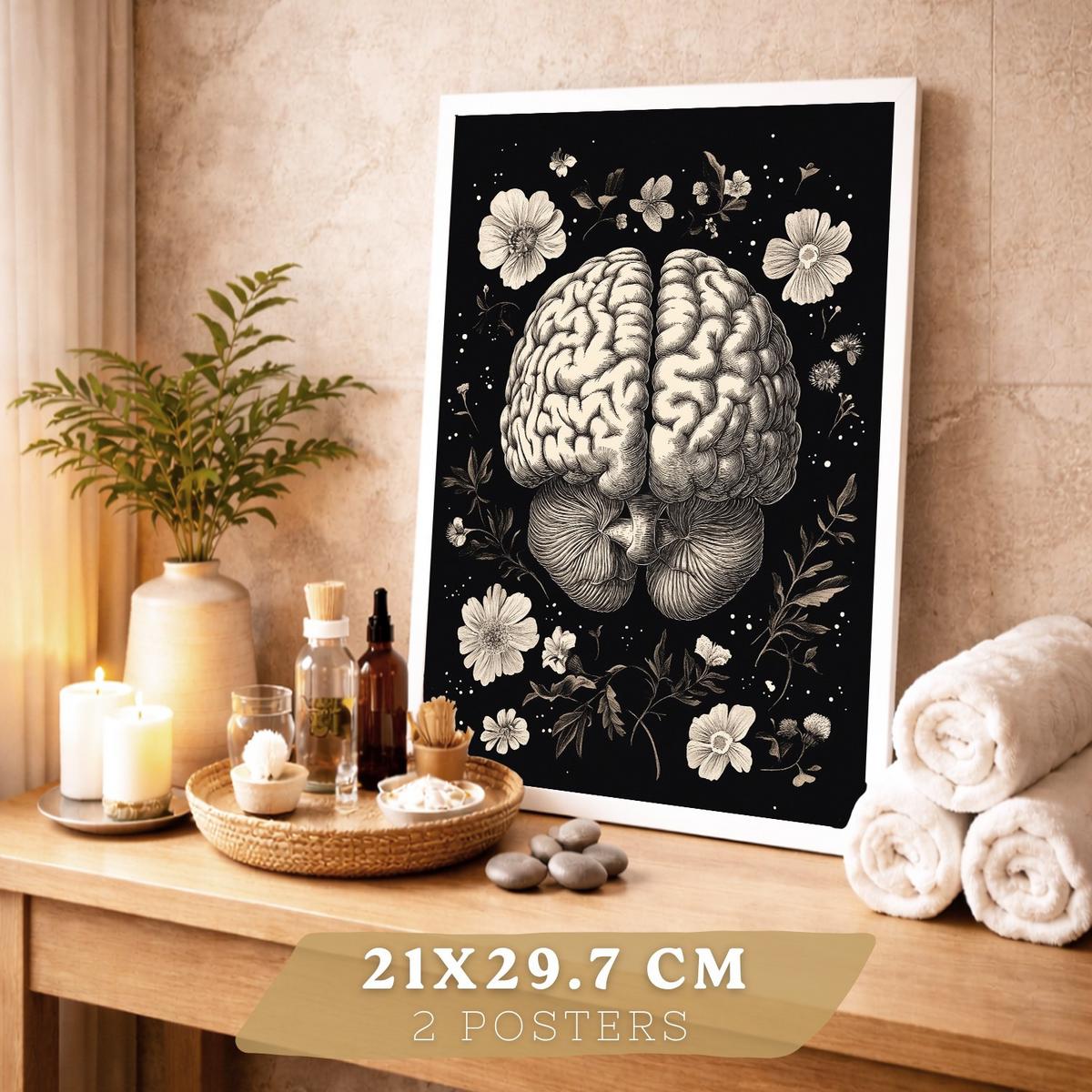 POSTER Set aus 2 Anatomie Mensch Drucke und Wandbilder mit Gehirn und Herz Monochromes Florales Design Schwarzer Hintergrund Größe Weißer Rahmen A4 - Weiß, Papier (21/29.7/3cm) - Nacnic