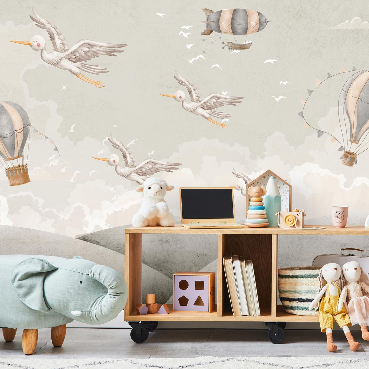 FOTOTAPETE für Kinderzimmer Boho Störche Aquarell Balon Luftschiff Himmel 300x210 - Beige/Weiß, Papier (300/210cm) - Muralo