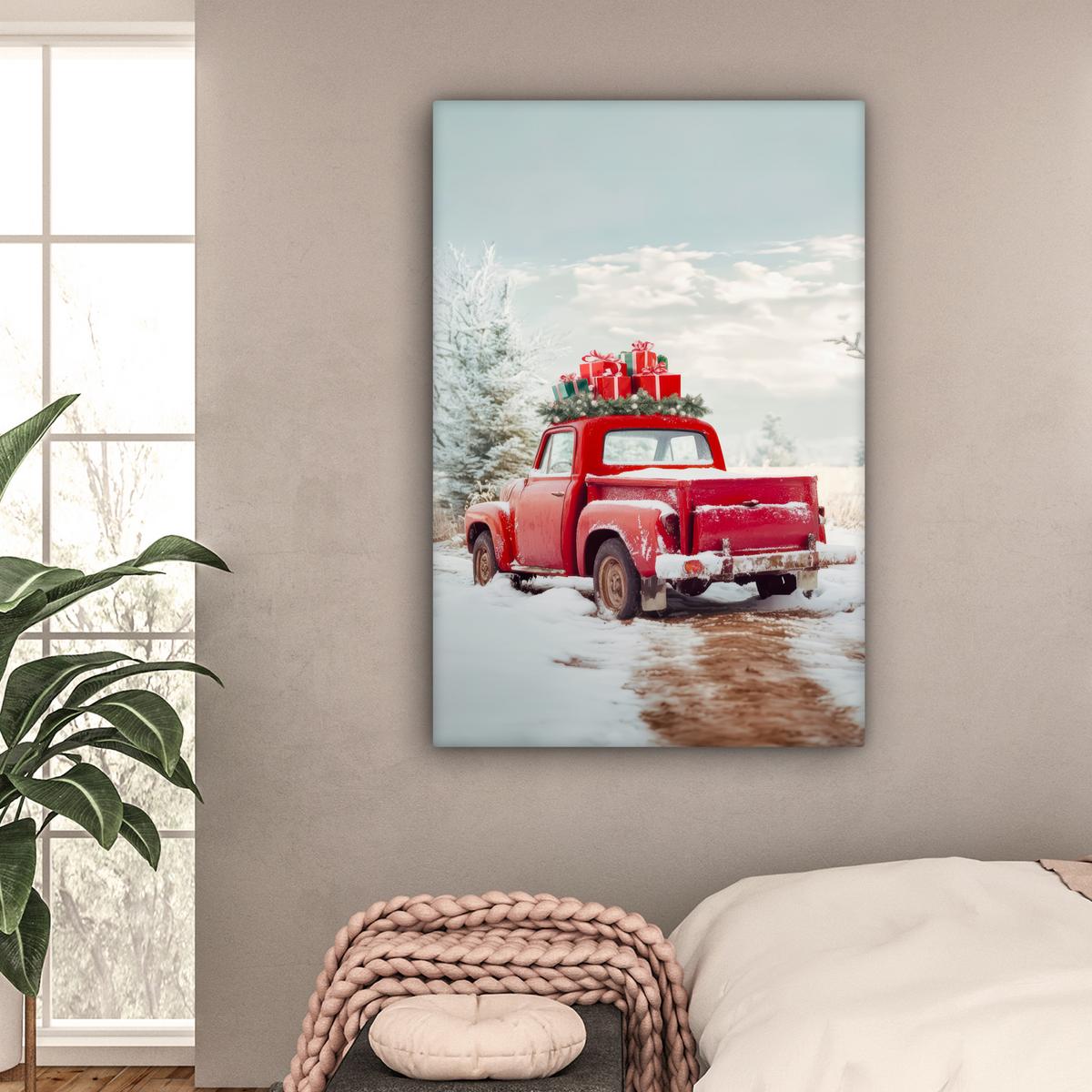 LEINWANDBILD Auto - Rot - Geschenke - Winter - Schnee - Weihnachten Deko XXL 80x120 cm - Rot, Textil (80/120cm) - MuchoWow