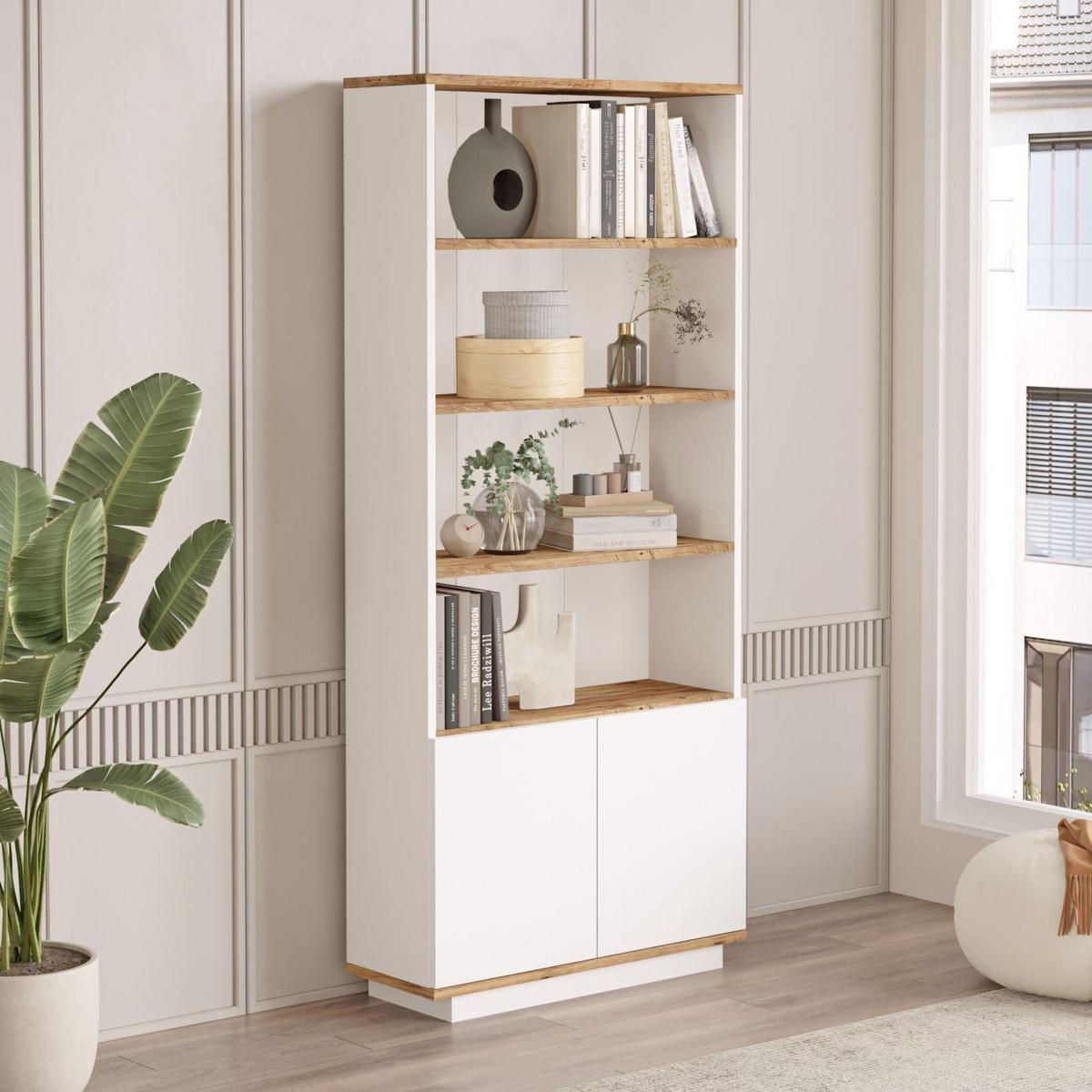 BÜCHERREGAL mit 2 Türen und 4 Ablagen in Atlantik-Kiefer und Weiß 75/26/168 cm - Weiß, Holzwerkstoff (26.8/168.3/16cm) - Calicosy