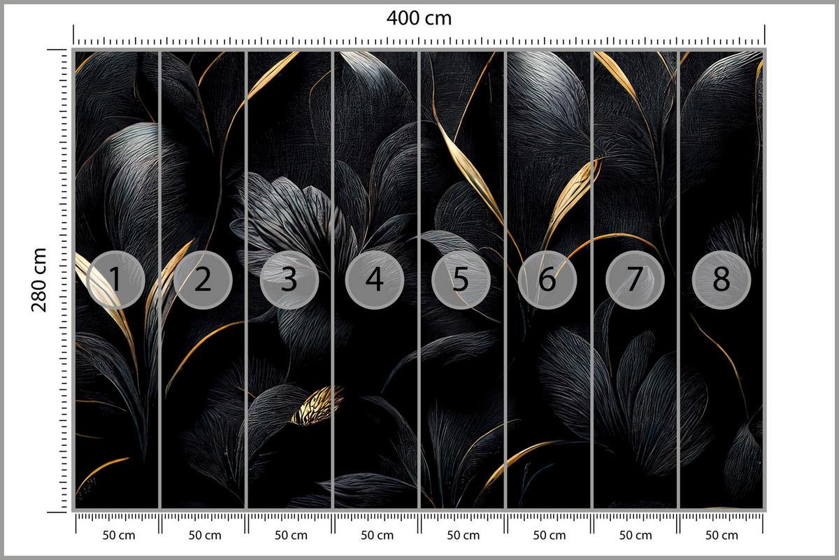 FOTOTAPETE für Wohnzimmer Schwarze Blätter Gold Luxus 400x280 - Goldfarben/Schwarz, Papier (400/280cm) - Muralo