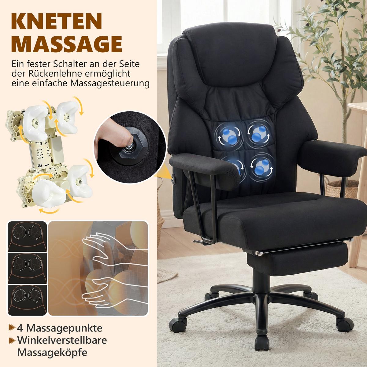 BÜROSTUHL mit Massagefunktion Schwarz - Schwarz, Textil (72/122.5/77cm) - HOMCOM