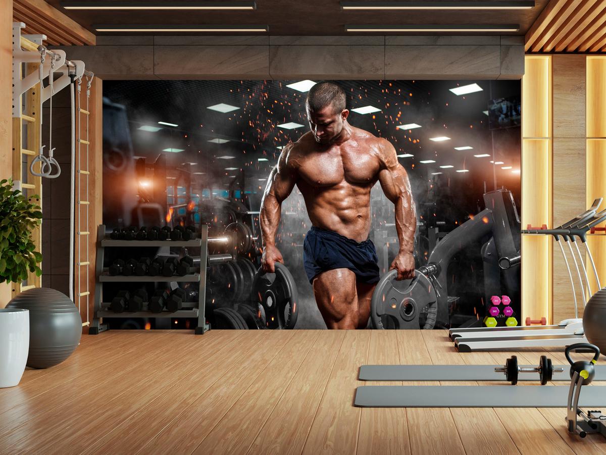 FOTOTAPETE Muskulöser Mann Gym Fitnessstudio Sport 350x256 - Beige/Schwarz, Papier (350/256cm) - Muralo