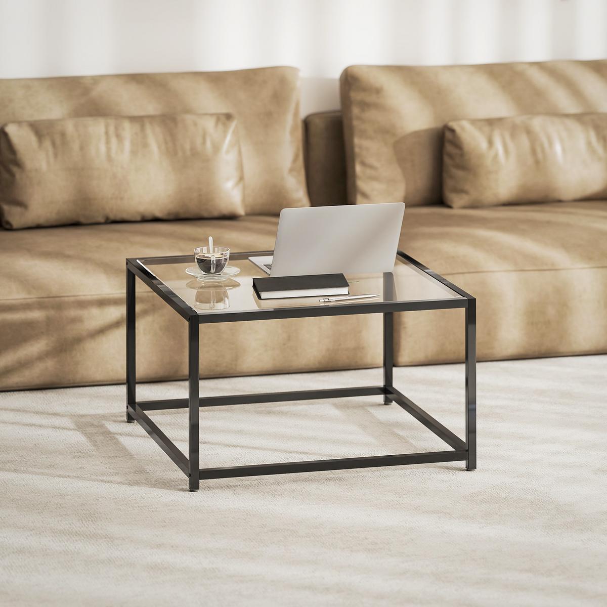 BEISTELLTISCH Quadratisch Nachttisch mit Hartglas-Tischplatte, Couchtisch - Schwarz, Metall (68/68/39cm) - HOMCOM