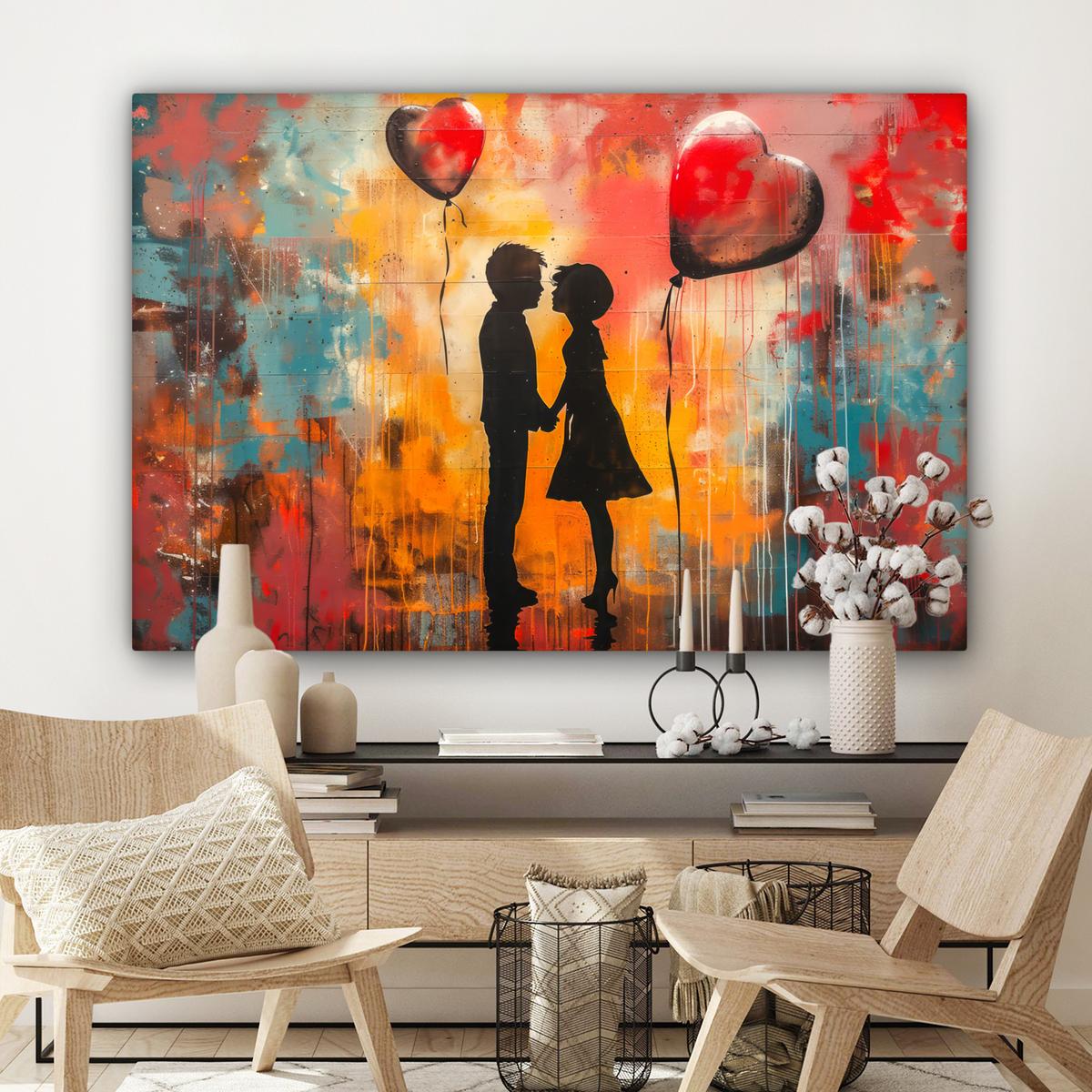 LEINWANDBILD Straßenkunst - Liebe - Graffiti - Kunst - Banksy Wohnzimmer Groß 120x80 cm - Orange, Textil (120/80cm) - MuchoWow