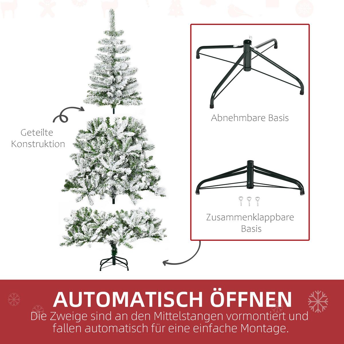 KÜNSTLICHER WEIHNACHTSBAUM mit Kunstschnee, Indoor 180 cm - Grün, Kunststoff/Metall (180cm) - HOMCOM