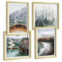 BILDER SET 4er Set - 50x50 cm & 40x60 cm Goldrahmen - Berge, See, Boot, Nebel, Strand - Goldfarben, Kunststoff (50/50cm) - TULUP