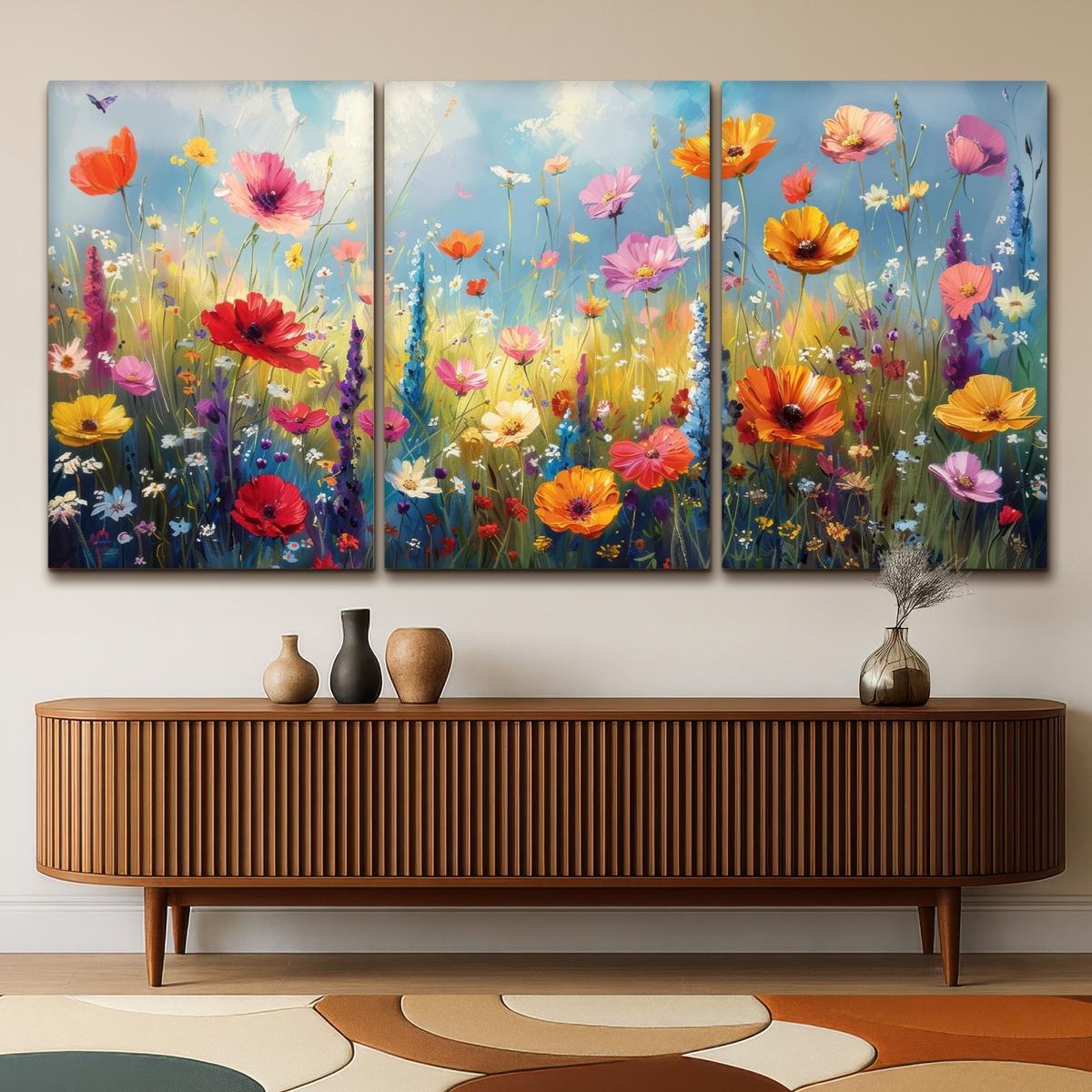 LEINWANDBILD 3er Set Blumen - Frühling - Farbenfroh - Sommerlich 240x120 cm - Orange, Textil (240/120cm) - MuchoWow