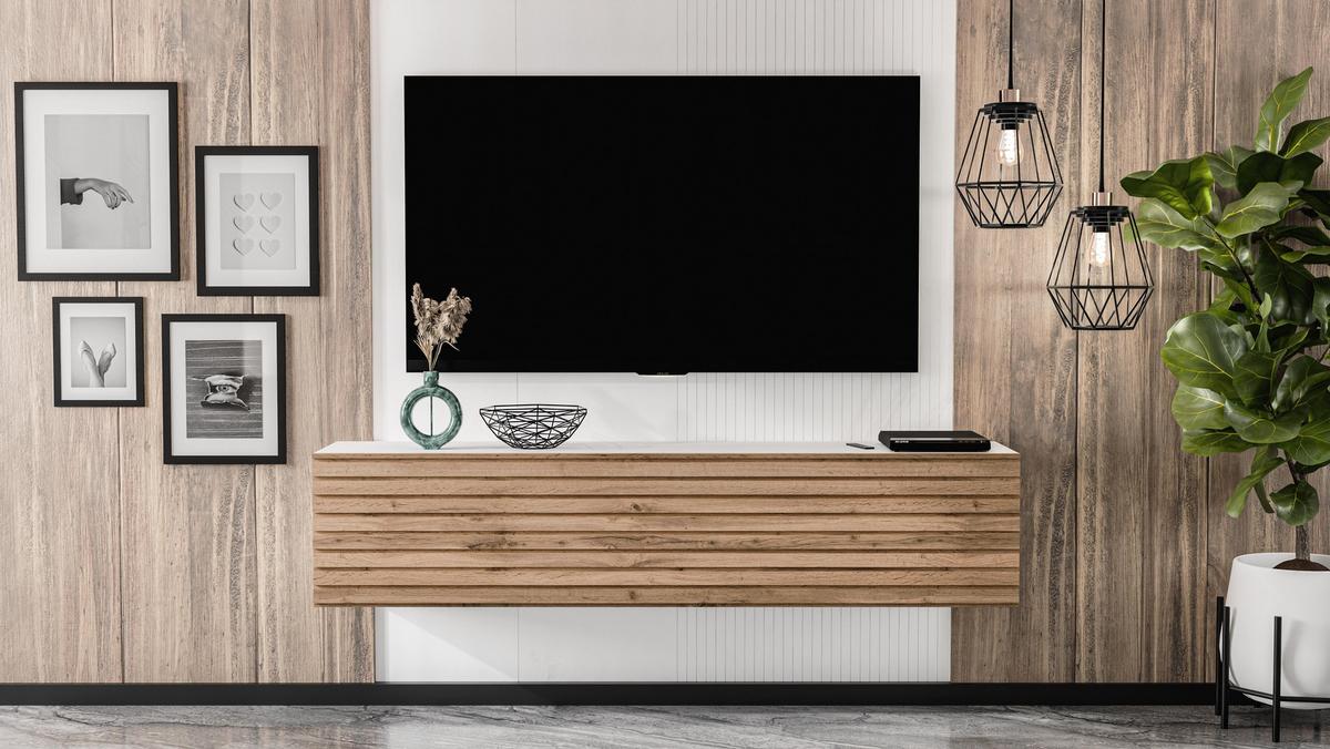 LOWBOARD ZIVOLLI 160 Weiß, Wotan Lamellen 160/34/40 cm – TV-Hängeschrank mit Lamellenfront - Hellbraun/Weiß, Holzwerkstoff/Kunststoff (160/34/40cm) - AX Living
