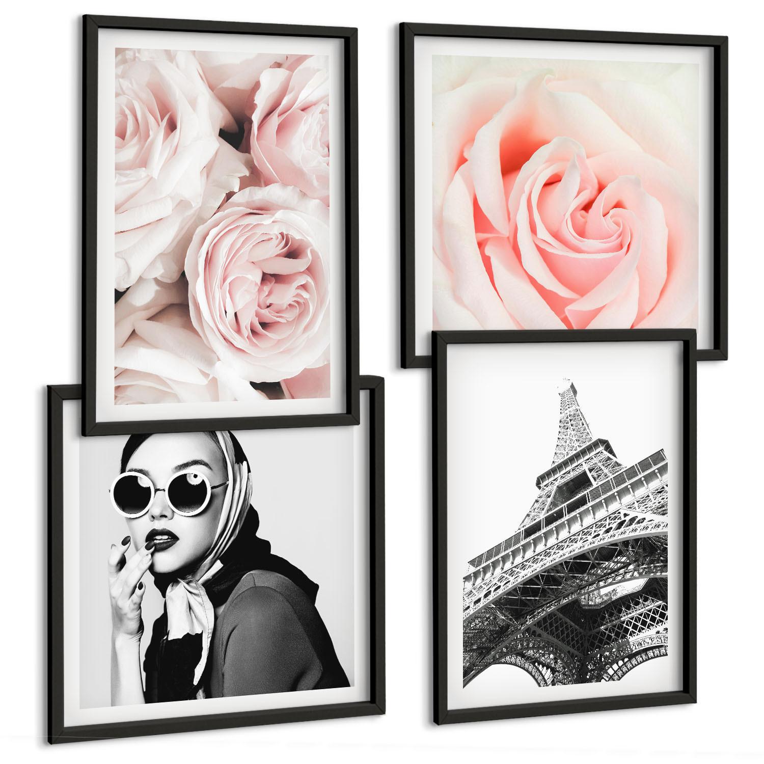 BILDER SET 4er Set - 50x50 cm & 40x60 cm Schwarzer Rahmen - Eiffels Porträt einer Frau mit Rosen - Schwarz, Kunststoff (50/50cm) - TULUP