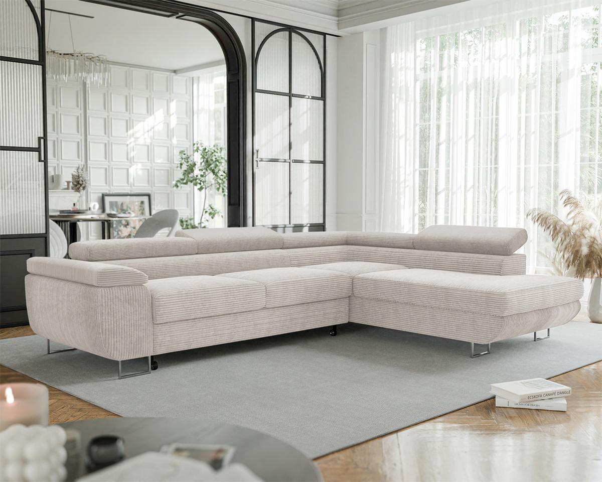 ECKSOFA ANTON rechts, mit Schlaffunktion und Bettkasten Creme - Chromfarben/Creme, Textil/Metall (274/203cm) - Idohome