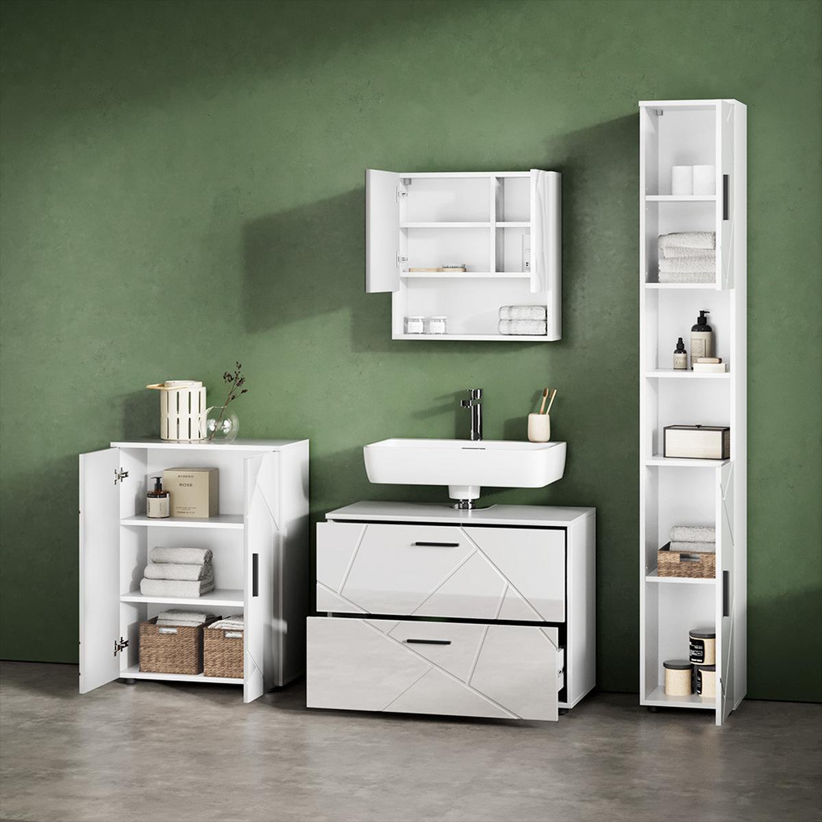 BADMÖBEL-SET Ronco Weiß Hochglanz 4 Teile, mit Schubladenschrank und Midischrank - Weiß Hochglanz, Holzwerkstoff (80/58/41cm) - Livinity®