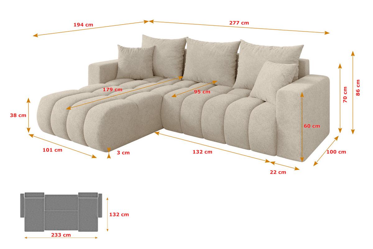 ECKSOFA mit Schlaffunktion Ottomane Links MILA-L-v1 277x195x86 Creme Velours - Creme/Schwarz, Holzwerkstoff/Kunststoff (277/194cm) - ALTDECOR
