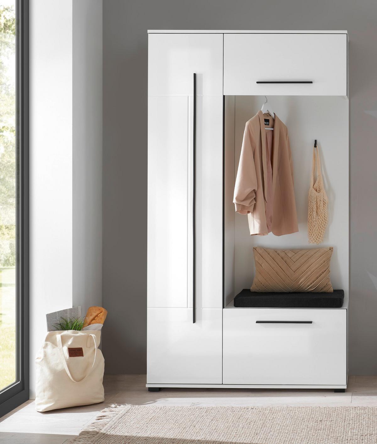 KOMPAKTGARDEROBE weiß Hochglanz 111 x 200 cm, Garderobe mit Soft-Close - Weiß Hochglanz/Schwarz, Holzwerkstoff/Kunststoff (111/200/37cm) - Furn.Design