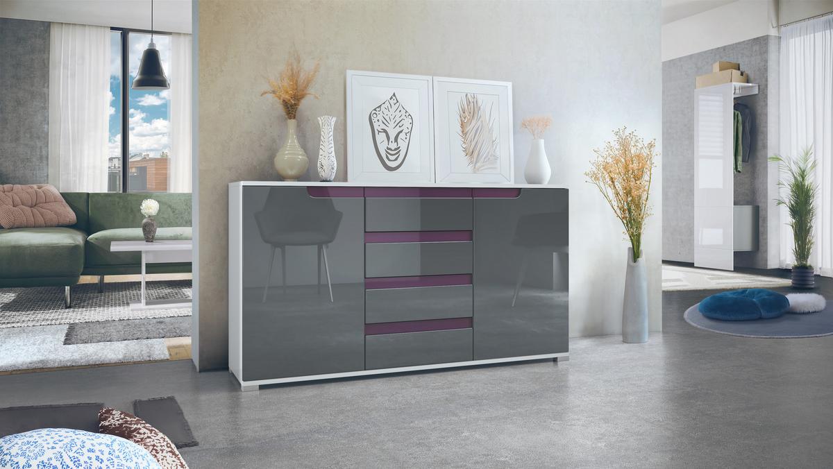 SIDEBOARD Sylt Grau Hochglanz / Brombeer Hochglanz - Lila/Grau, Holzwerkstoff (138.5/75.5/35cm) - Vladon