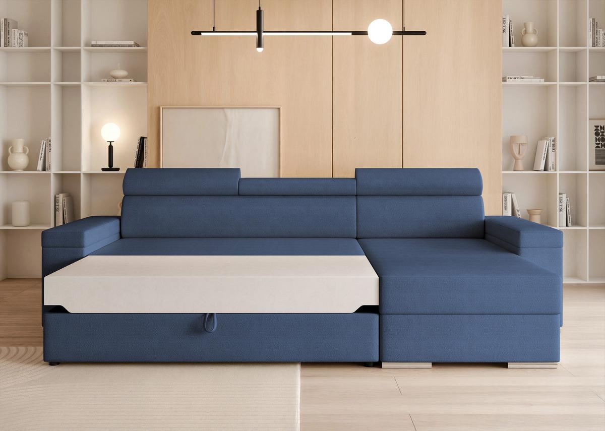 ECKSOFA AISHA Rechts mit Schlaffunktion und Bettkasten Marineblau - Chromfarben/Dunkelblau, Kunststoff/Textil (250/130cm) - Idohome