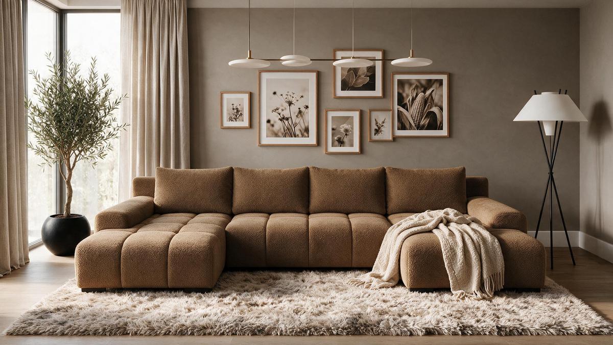 WOHNLANDSCHAFT OVIA U mit Bettkasten und Schlaffunktion, Bouclé-Stoff in U-Form - Braun, Textil (350/80/185cm)