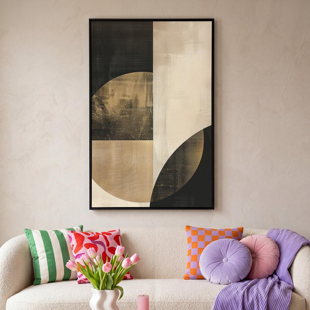 LEINWAND Bilder mit Rahmen - Abstrakt - Geometrische Formen - Schwarz - Gold - 90x140 - Ecru, Textil (90/140cm) - MuchoWow