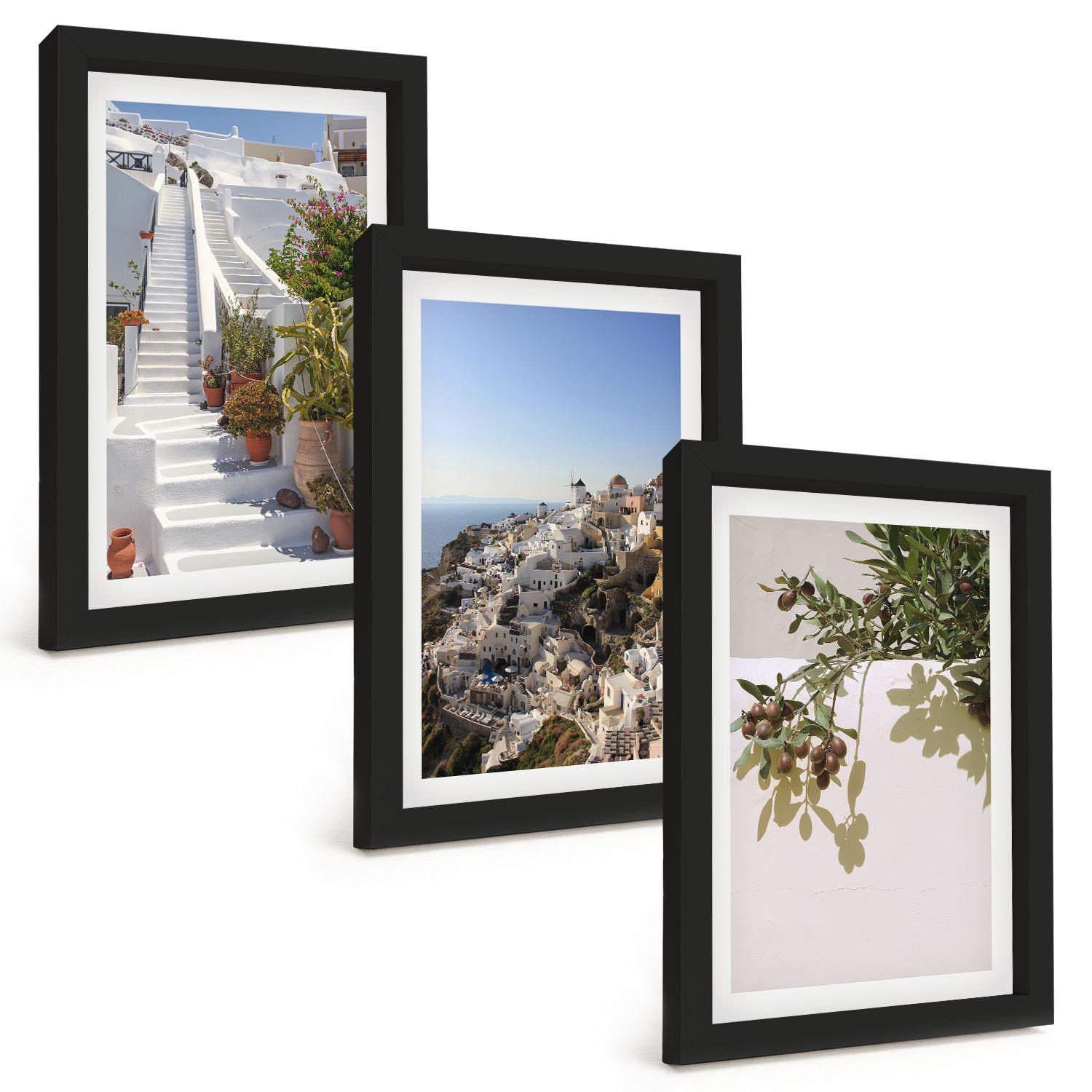 BILDER SET 3er Set - 20x30 cm Schwarzer Rahmen - Weiße Treppe mit Blick auf Santorini - Schwarz, Kunststoff (20/30cm) - TULUP