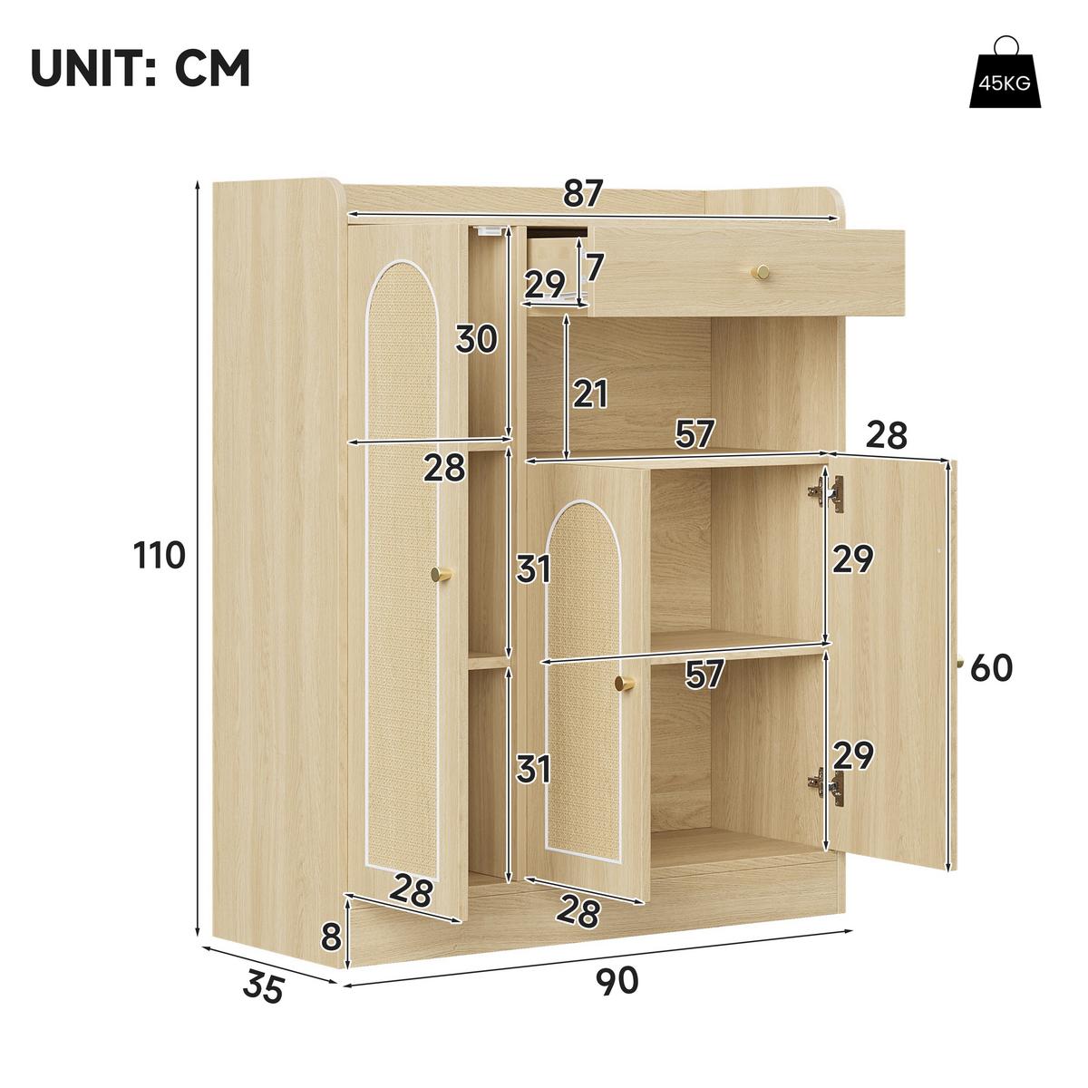 SCHUHSCHRANK in naturfarbener Eiche-Optik mit Rattantüren, 3 Türen & 1 Schublade - Naturfarben, Holzwerkstoff (90/110/35cm) - Urban Meuble