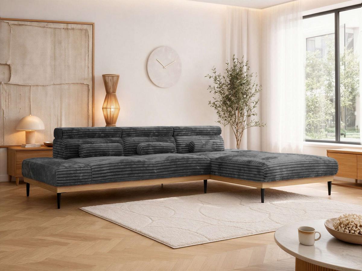 ECKSOFA PAVERO L - Grau Cord - Rechts Seite - Schwarz/Grau, Textil/Metall (316/205cm) - MKS