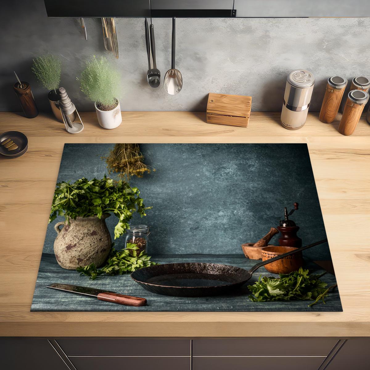 HERDABDECKPLATTE Kräuter - Gewürze - Pfanne - Messer - Grau - Rustikal Induktionsmatte 77x59 cm - Petrol, Kunststoff (77/59/0.2cm) - MuchoWow
