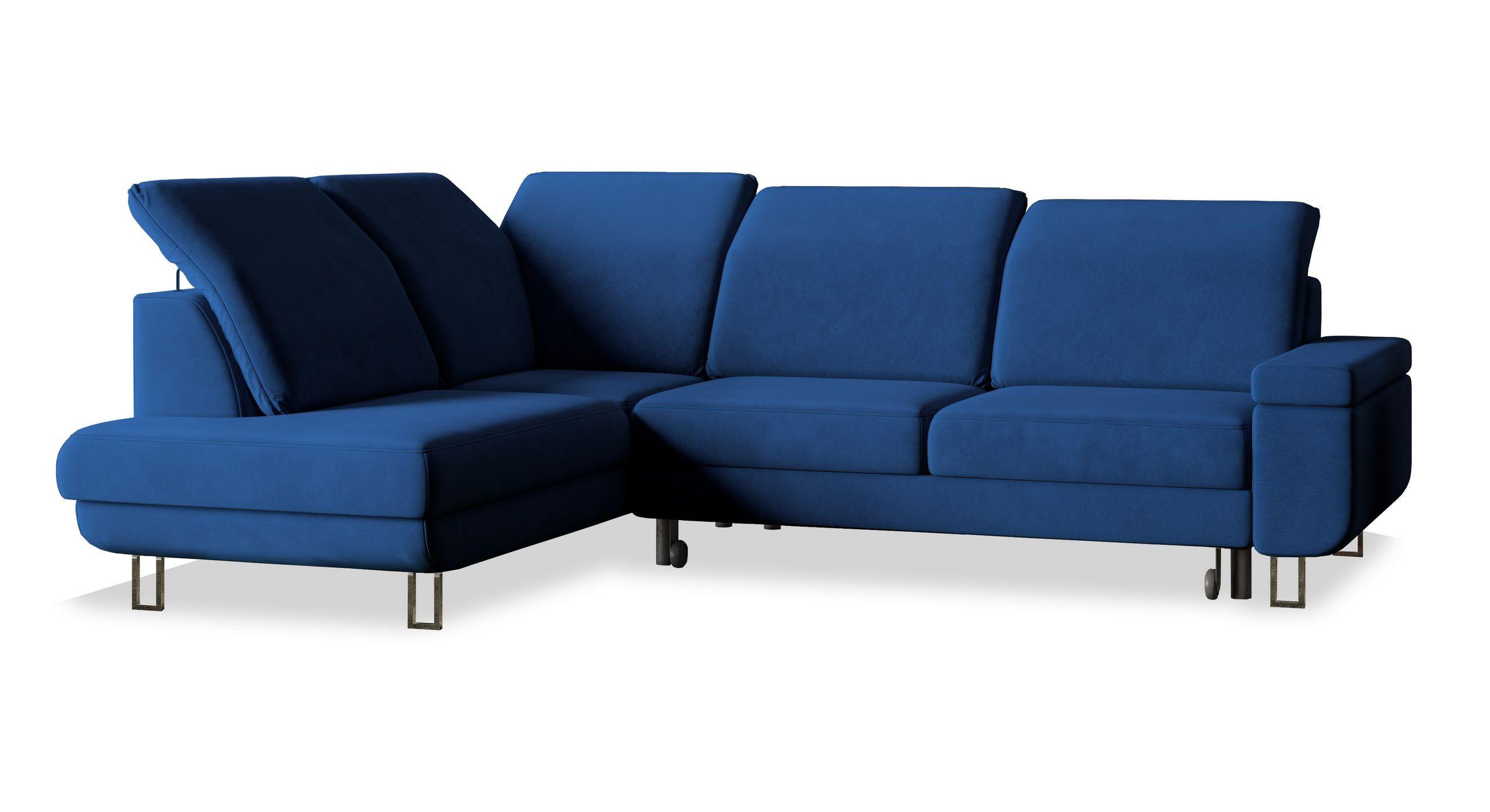 ECKSOFA LERMA R-S Blau Velours-Stoff mit Schlaffunktion - Blau/Silberfarben, Holz/Textil (253/190cm) - MASSENO