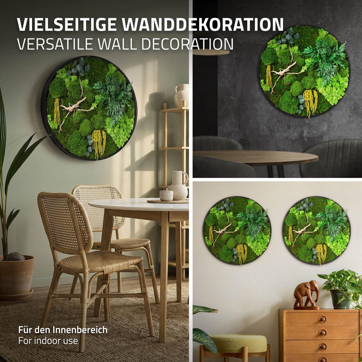 MOOSBILD Rund Ø 60 cm Mooswand Indoor mit echtem Kugel-, Island- und Flachmoos-Mix und Ästen Holzrahmen Grün - Gelb/Grün, Naturmaterialien (60/60/3cm) - ECD-Germany