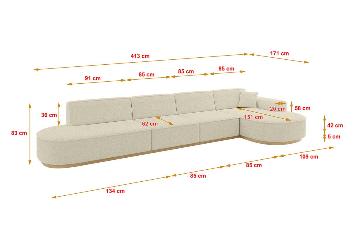 ECKSOFA Ottomane Rechts MARI-L3-v2 - 413x171x83 cm Beige Bouclé - Beige, Holzwerkstoff/Textil (171/413cm) - ALTDECOR