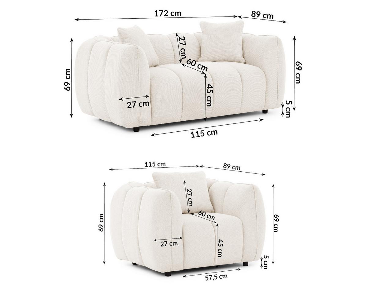 SITZGARNITUR 2+1 Nubira in tief gesteppter Bubble-Optik aus weichem Creme Strukturstoff im modernen Design - Creme/Schwarz, Holz/Kunststoff (172/69/89cm) - S-Style Möbel