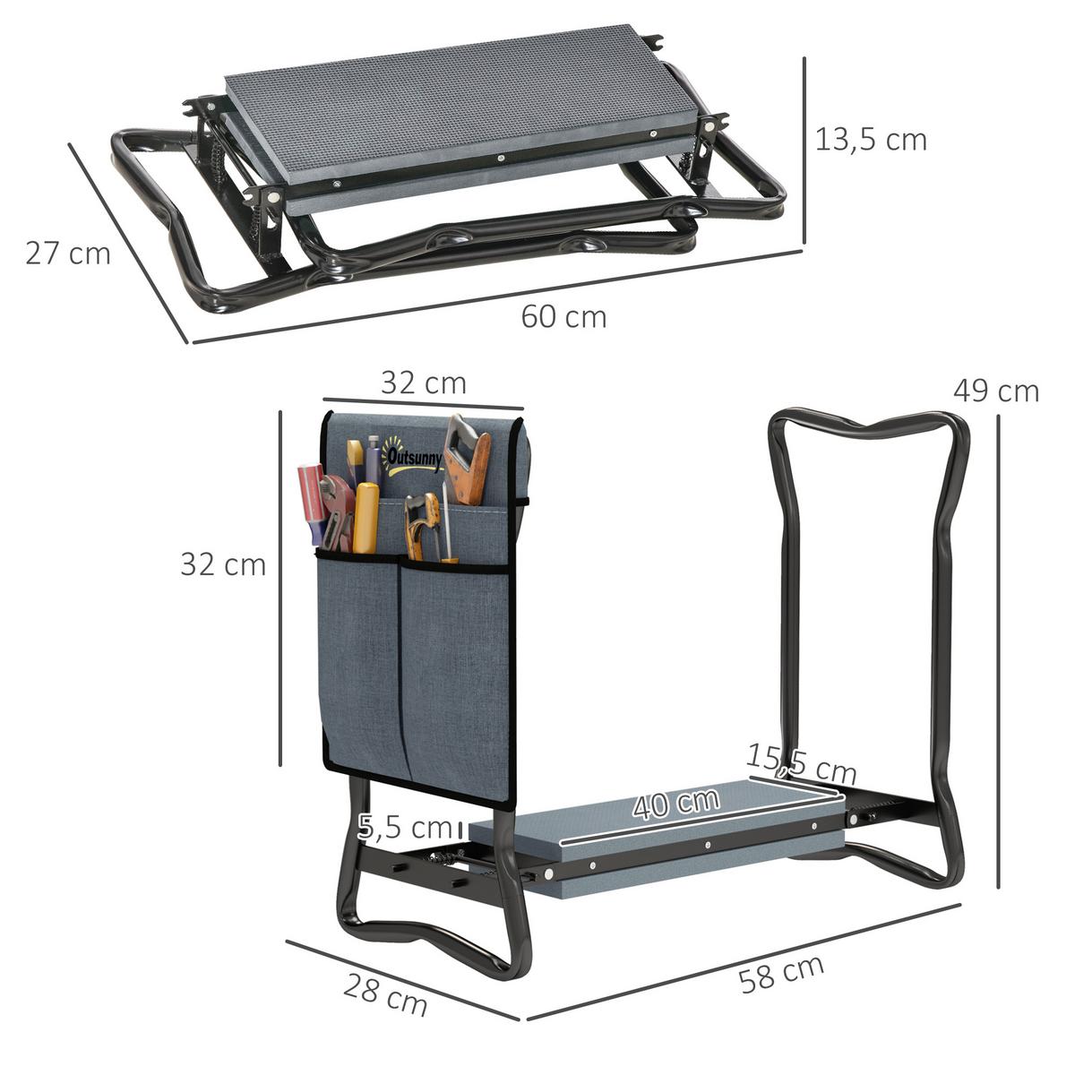KNIEBANK für Gartenarbeit klappbar Gartenhocker mit Kniekissen Werkzeugtasche - Grau, Metall (28/49/58cm) - Outsunny