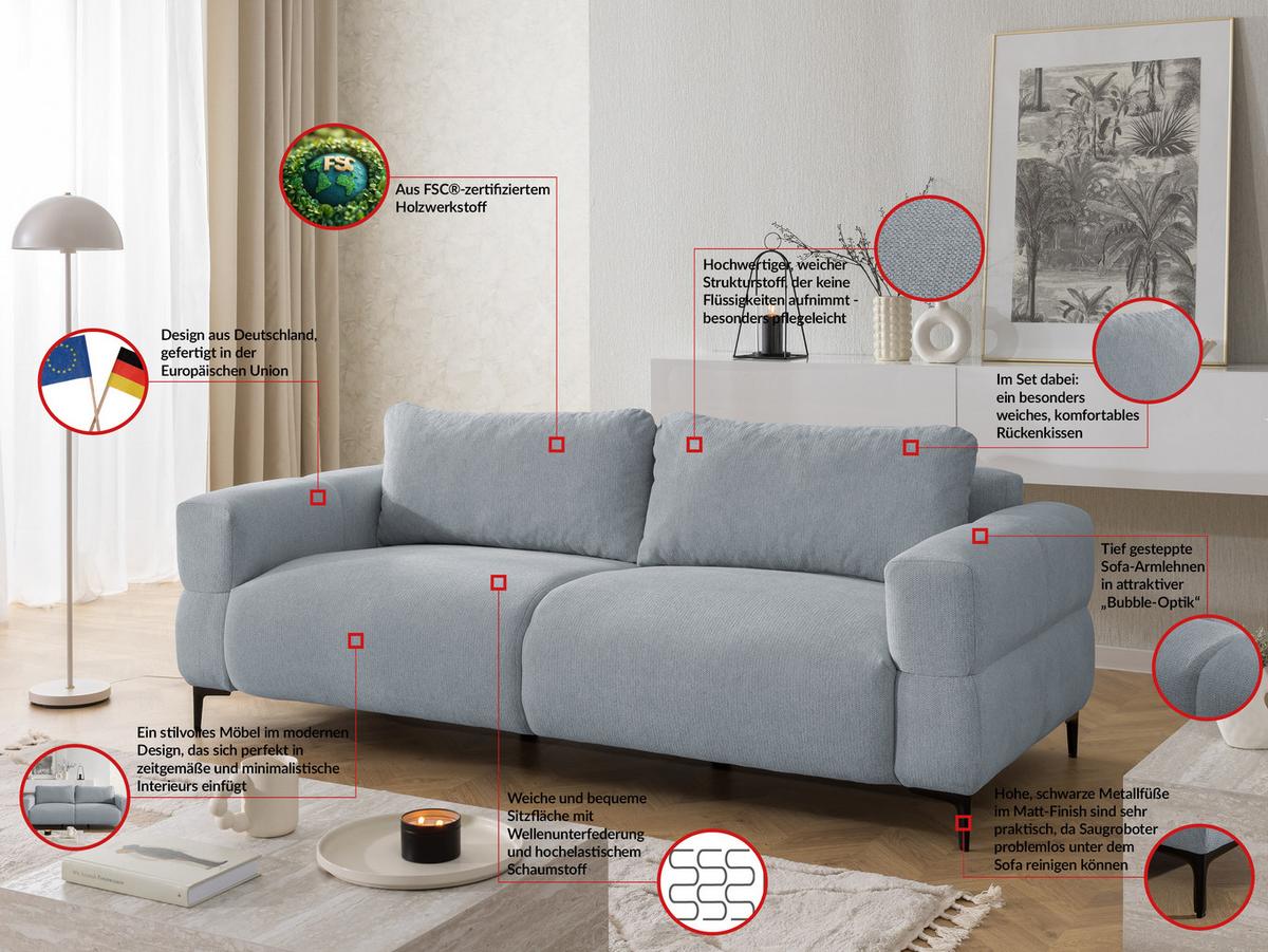 3-SITZER-SOFA Cardea in Bubble-Optik aus weichem Grau Strukturstoff mit hohem Sitzkomfort - Schwarz/Grau, Holz/Textil (217/80/97cm) - S-Style Möbel