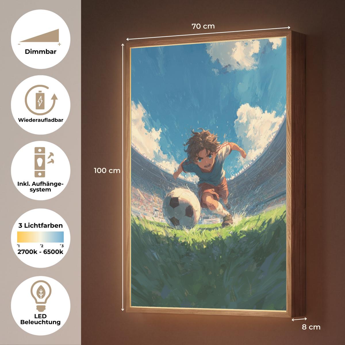 WANDLEUCHTE MIT AKKU Stadion - Fußballer - Ball 70x100 cm - Blau, Holzwerkstoff (70/100/8cm) - OnlyWow