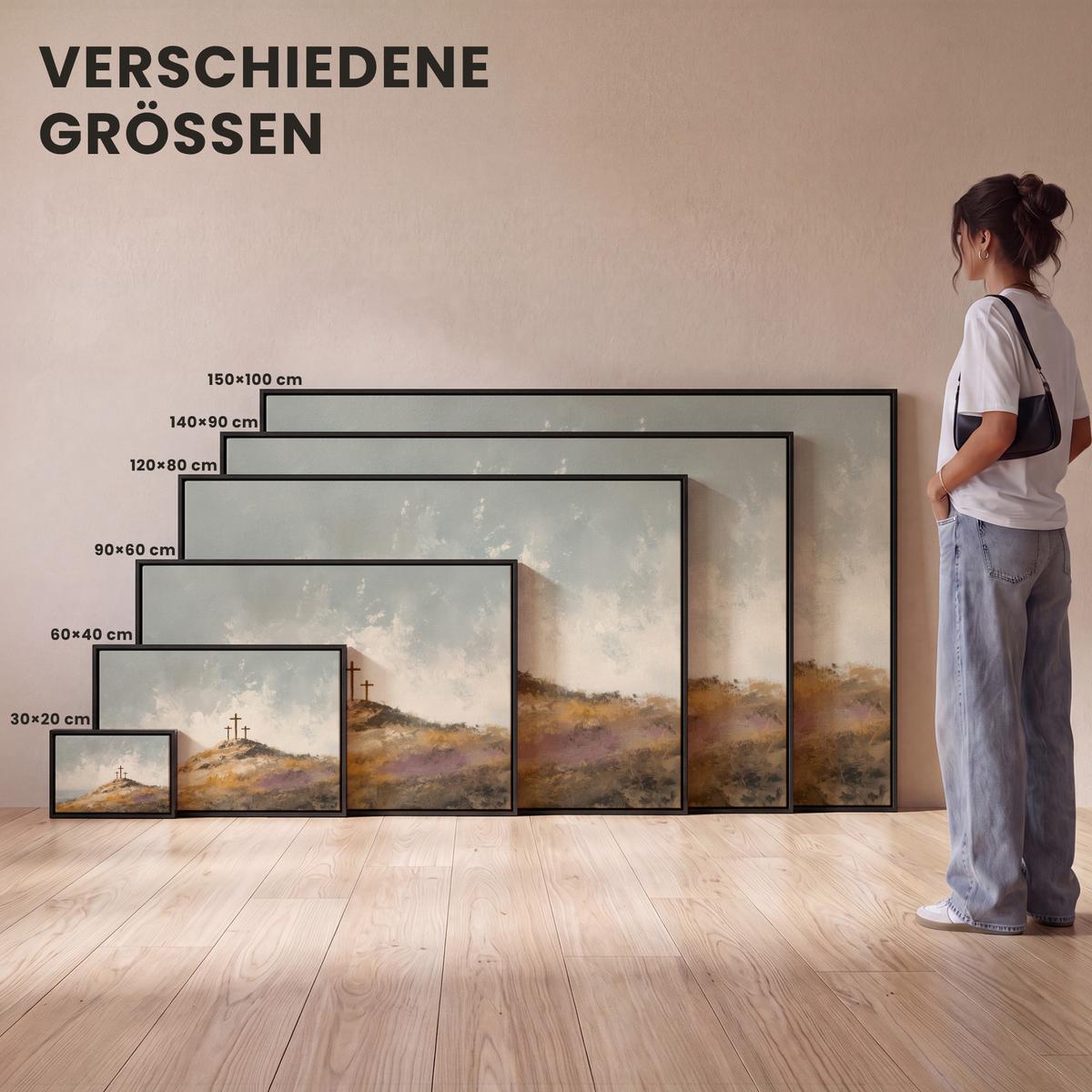 LEINWAND Bilder mit Rahmen - Hügel - Abstrakt - Christentum - Kreuz - 150x100 - Hellgrau, Textil (150/100cm) - MuchoWow