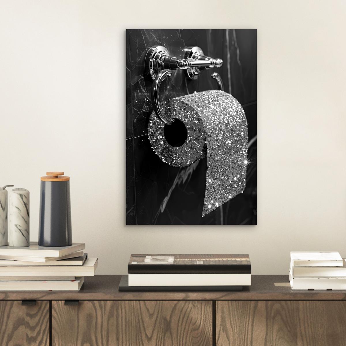 METALLBILD WC - Toilettenpapier - Schwarz und weiß - Glitter 20x30 cm - Silberfarben, Metall (20/30cm) - MuchoWow