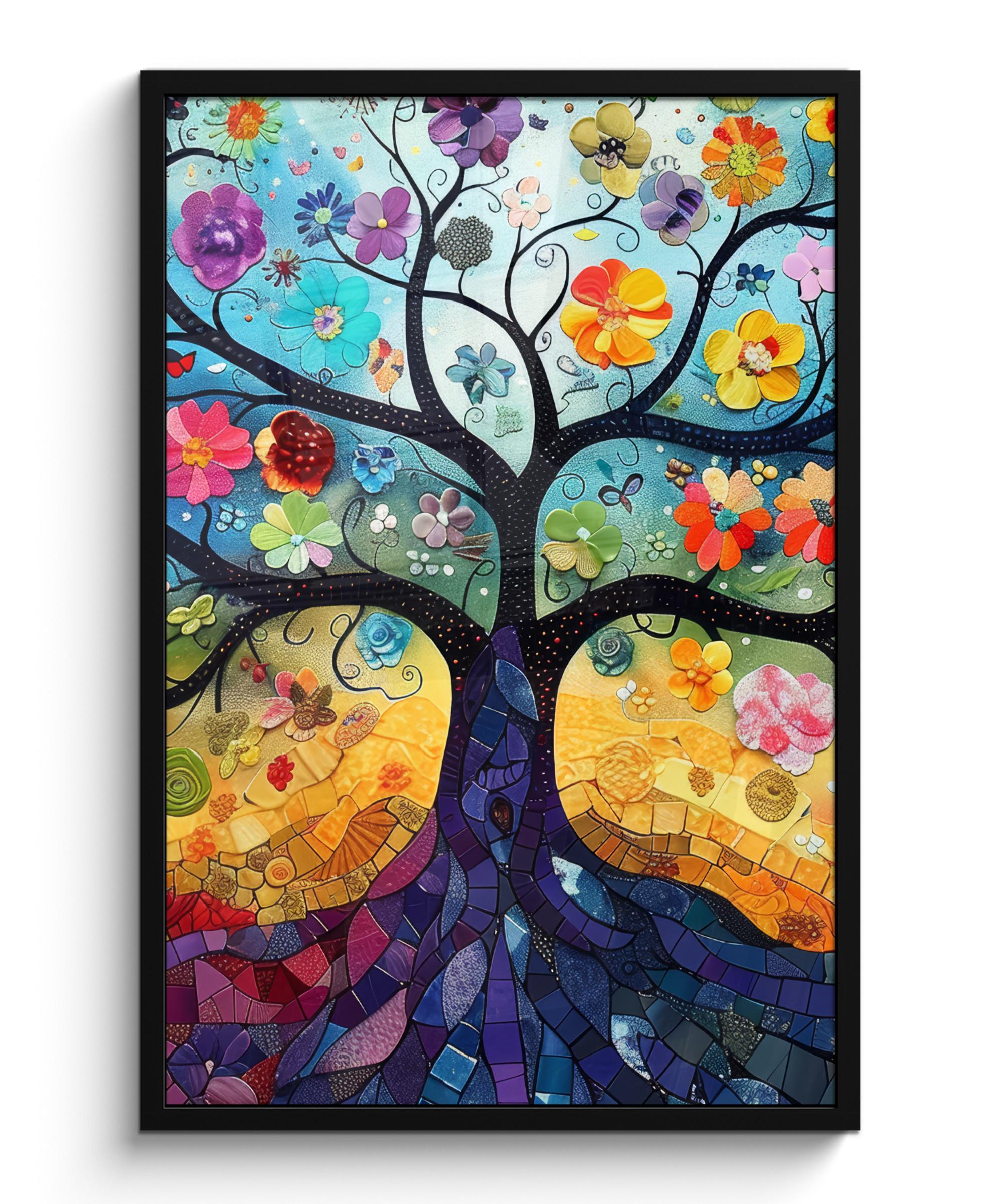 POSTER MIT RAHMENGERAHMTES BILD Kunst - Baum des Lebens - Blumen - Hippie 60x90 cm - Dunkelblau, Papier (60/90cm) - MuchoWow