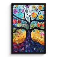 POSTER MIT RAHMENGERAHMTES BILD Kunst - Baum des Lebens - Blumen - Hippie 60x90 cm - Dunkelblau, Papier (60/90cm) - MuchoWow