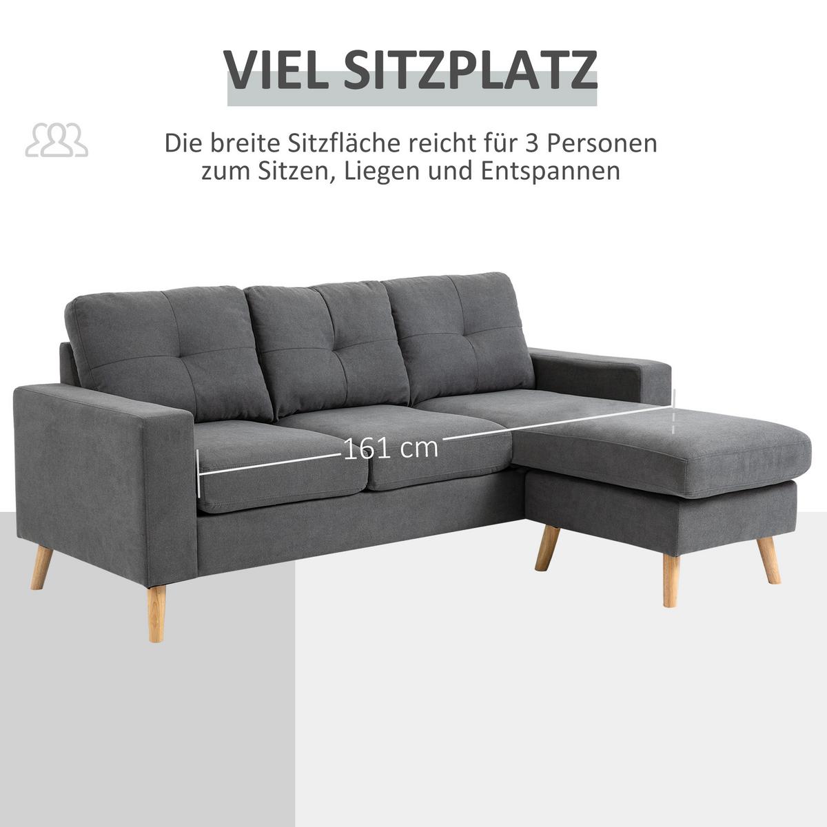 ECKSOFA Eckcouch in L-Form, Eckgarnitur in Leinenoptik Couchgarnitur Dunkelgrau - Dunkelgrau/Naturfarben, Holz/Textil (136/193cm) - HOMCOM